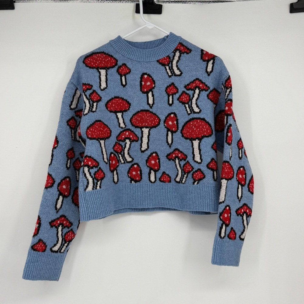 Zara Mushroom Toadstool Sweater S Blue Red Cropped Fairycore Cottagecore